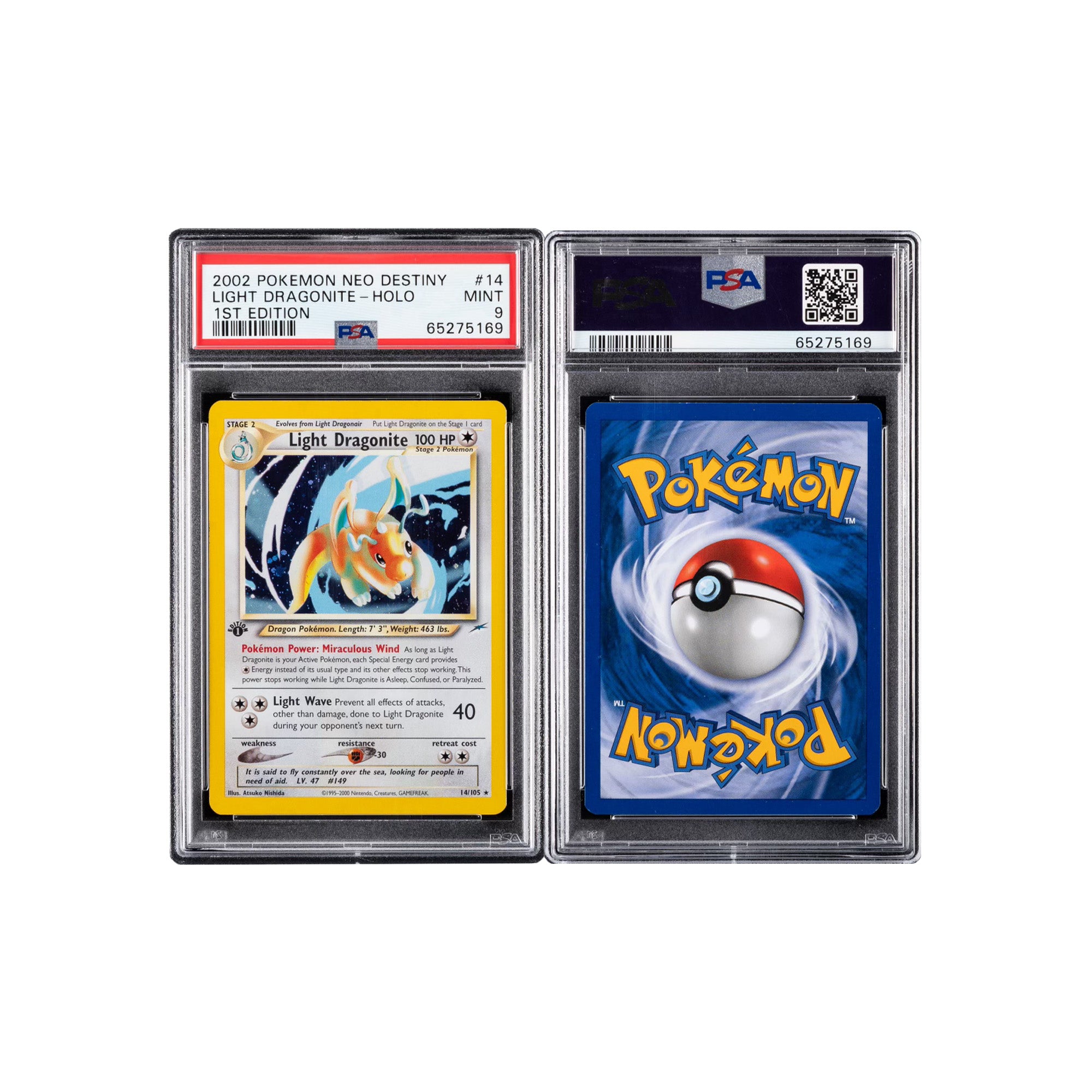 Pokémon 2002 Neo Destiny Light Dragonite (1st Edition) #14 PSA 9 MINT [65275169]