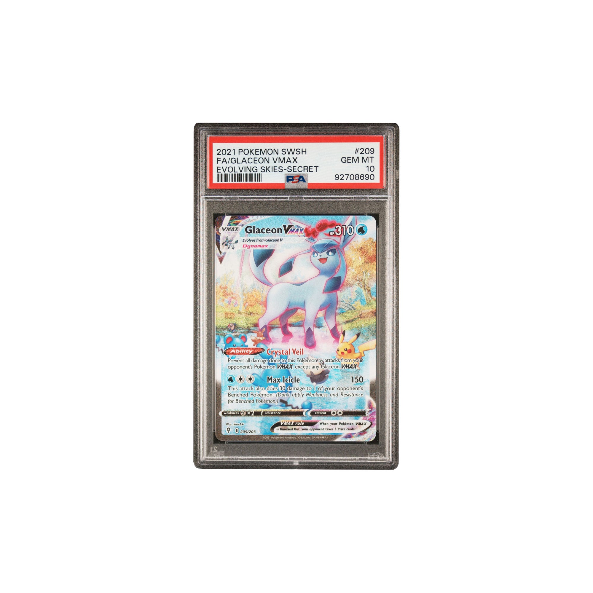 Pokémon 2021 Evolving Skies Glaceon VMAX (Alternate Art) #209 PSA 10 GEM MINT [92708690]